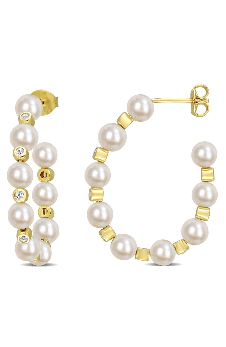 Julianna B. Pearl & White Topaz Hoop Earrings, Main, color, Cultured Pearl