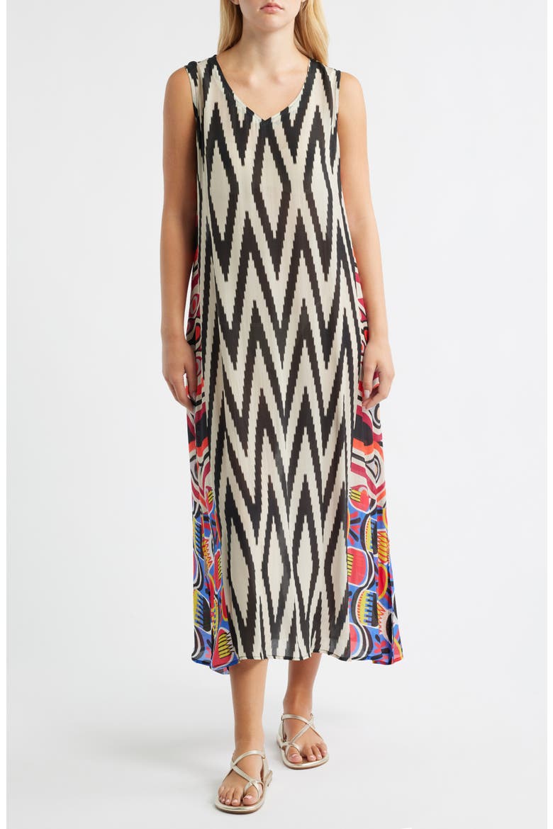 Print V-Neck Sleeveless Chiffon Midi Dress, Main, color, OFF WHITE/ BLACK MULTI