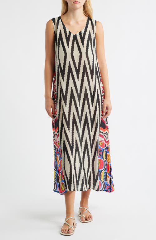 Apny Print V-neck Sleeveless Chiffon Midi Dress In Black