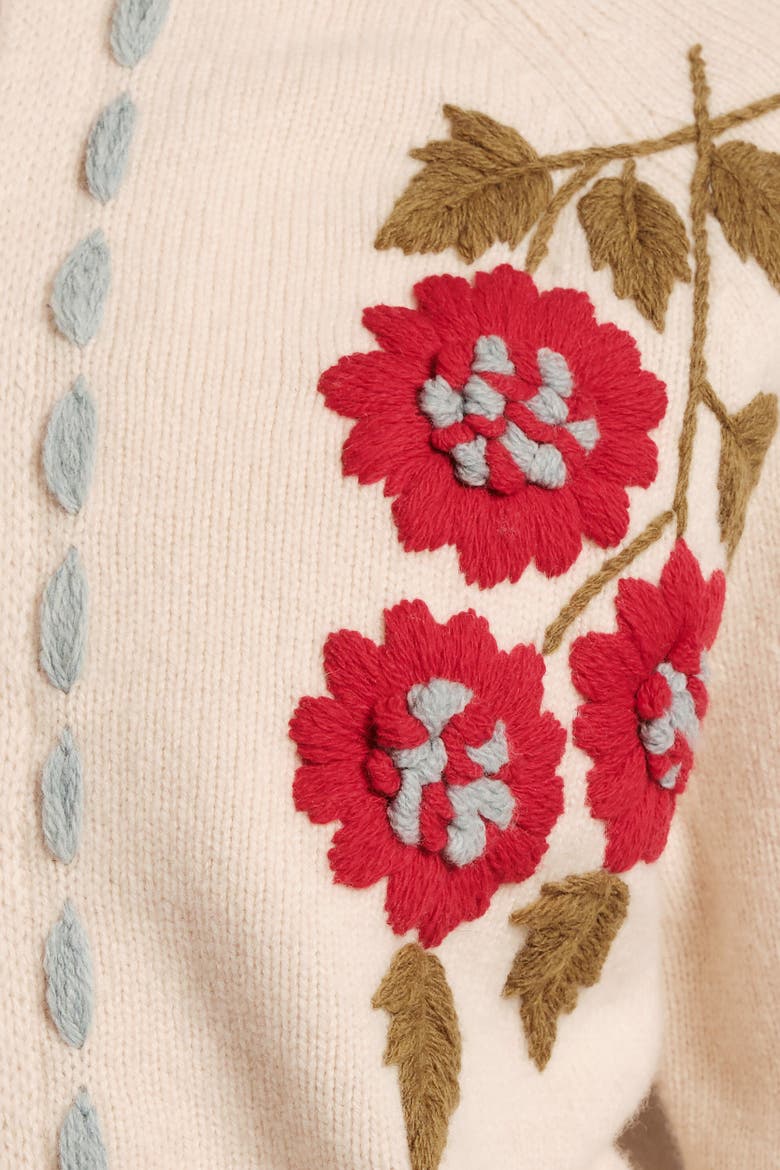 Blanket Stitch Border Cardi CoatFloating Floral 100% Lambswool, Alternate, color, Natural/Red/Light Blue