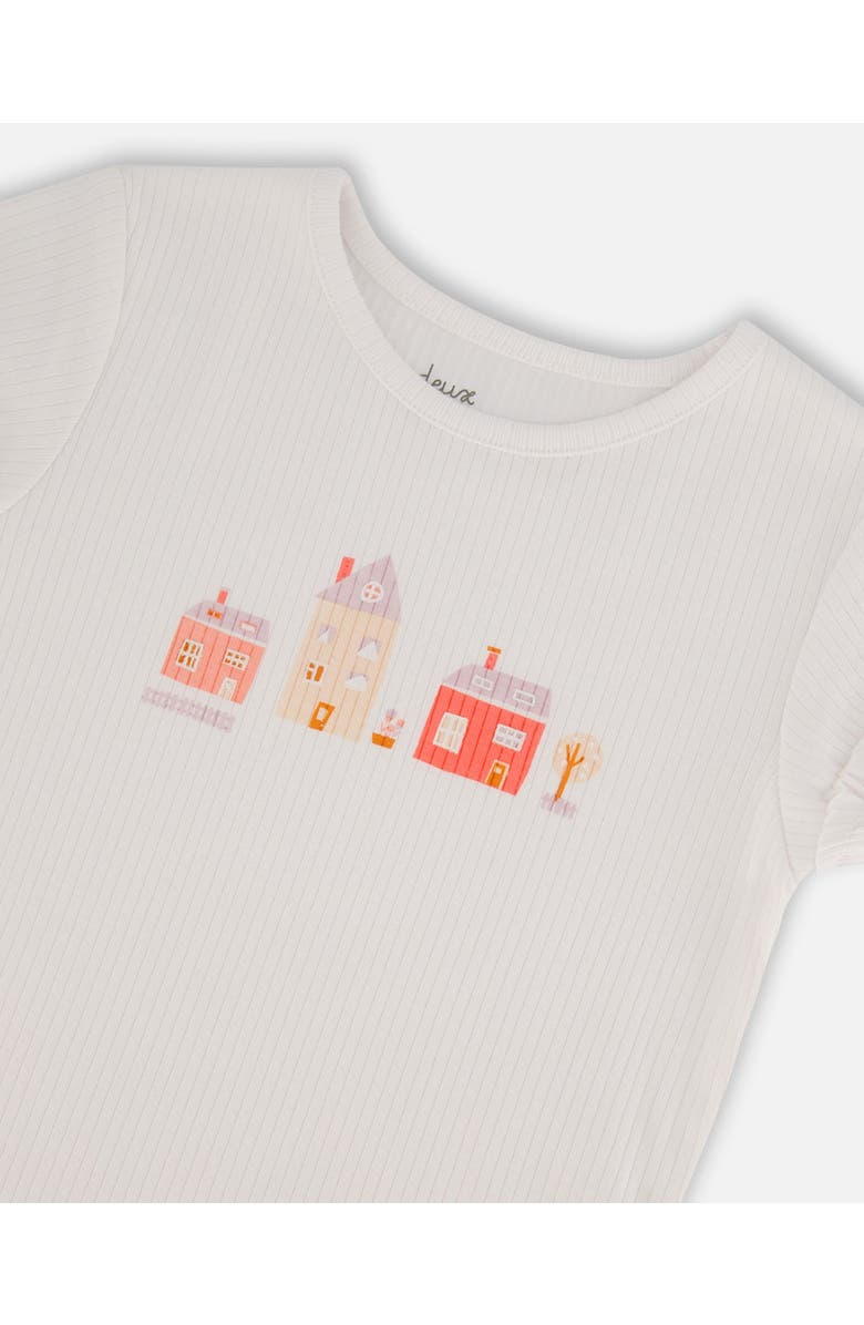 Deux par Deux Girl's Flat Back Rib Top With Print White And Pink House, Alternate, color, 