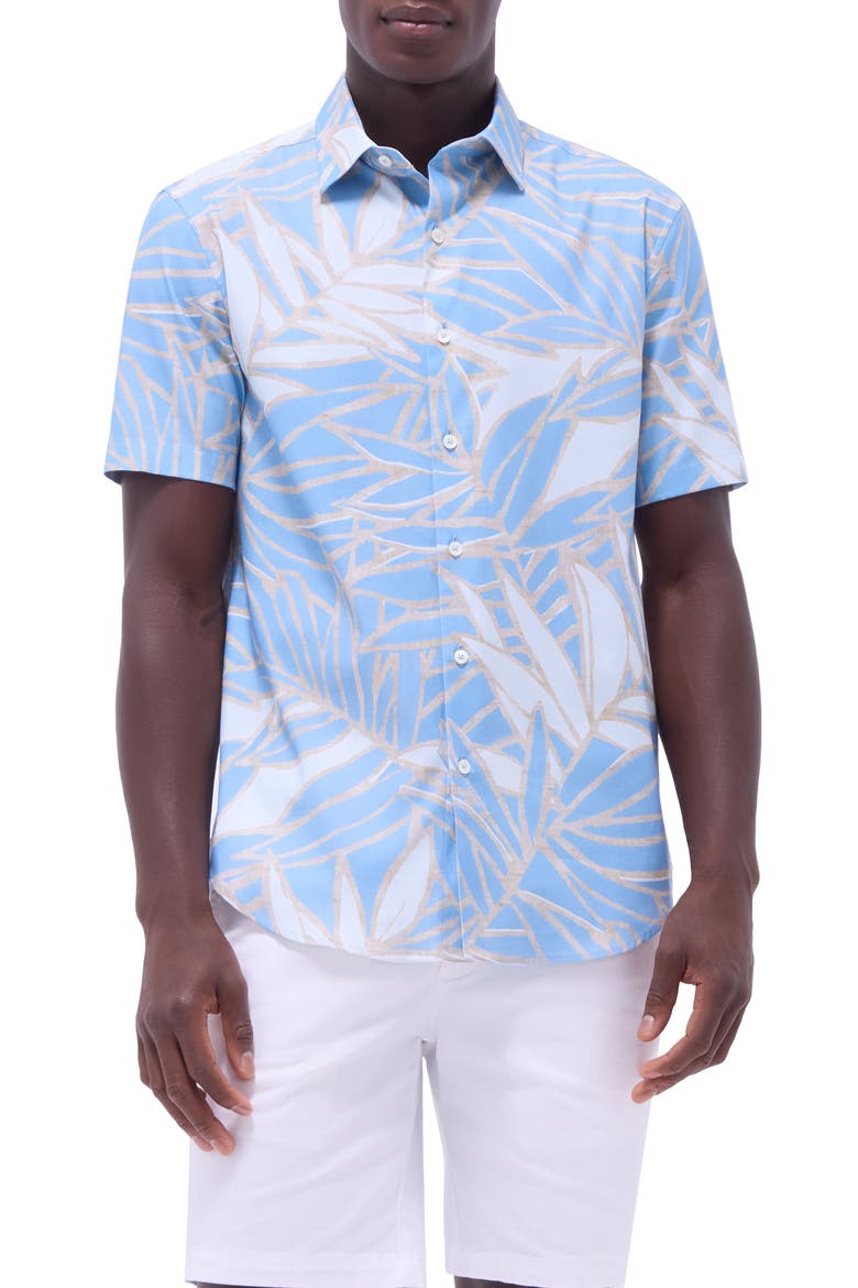 Orson Leaf Print Short Sleeve Stretch Cotton Button-Up Shirt, Main, color, AIR BLUE