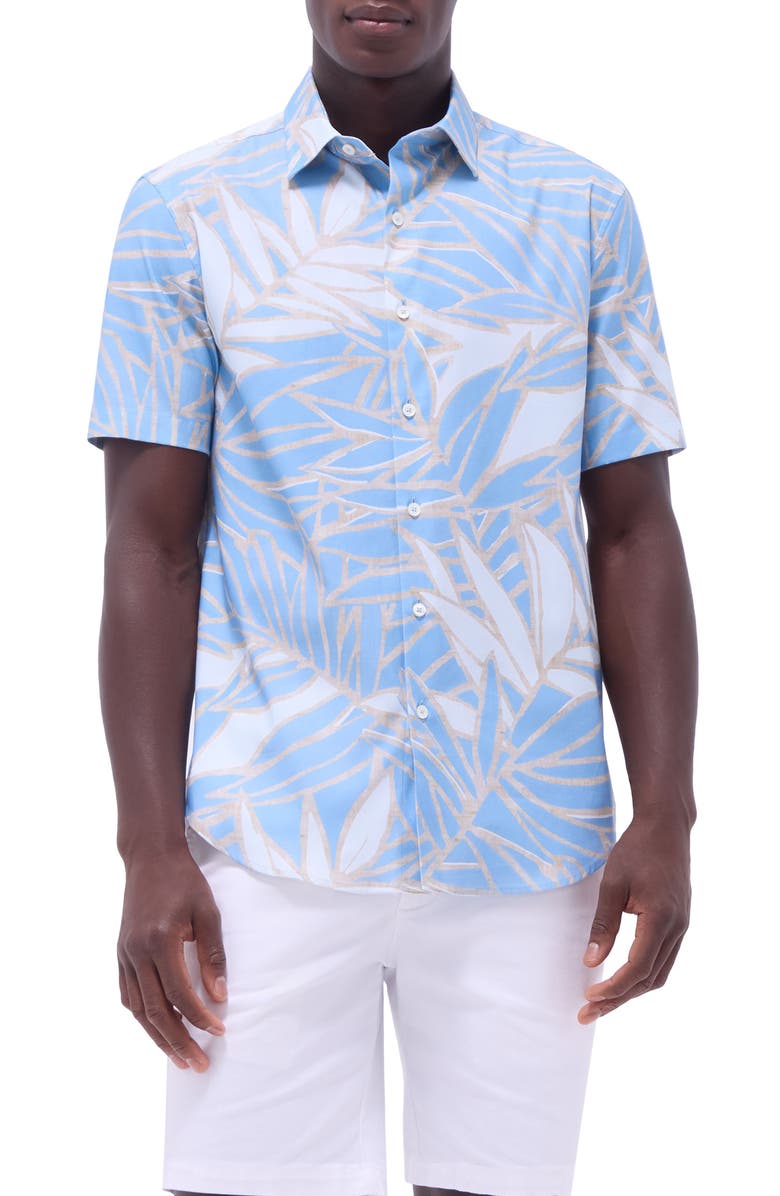 Bugatchi Orson Leaf Print Short Sleeve Stretch Cotton Button-Up Shirt, Main, color, Air Blue