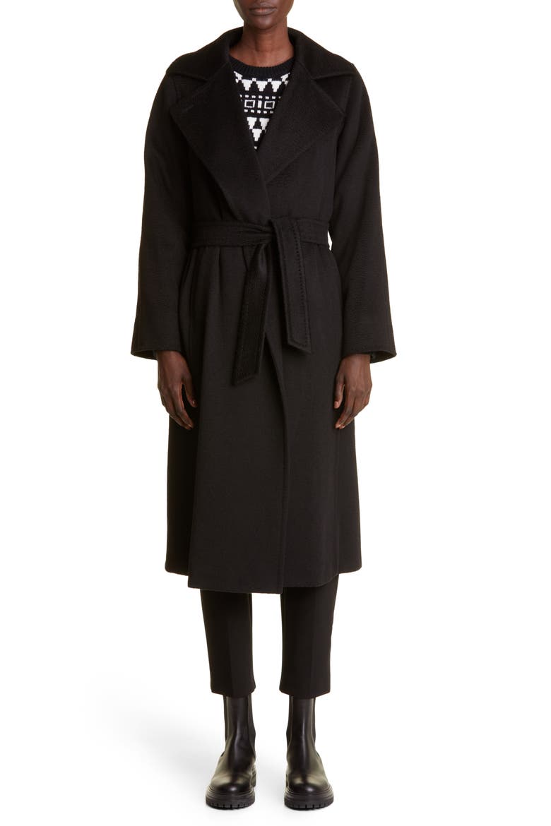 Manuela Camel Hair Wrap Coat, Main, color, BLACK