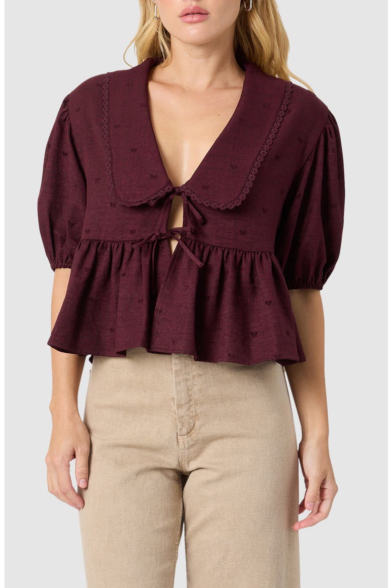 Oversize Peter Pan Collar Puff Sleeve Top, Main, color, BURGUNDY BOW