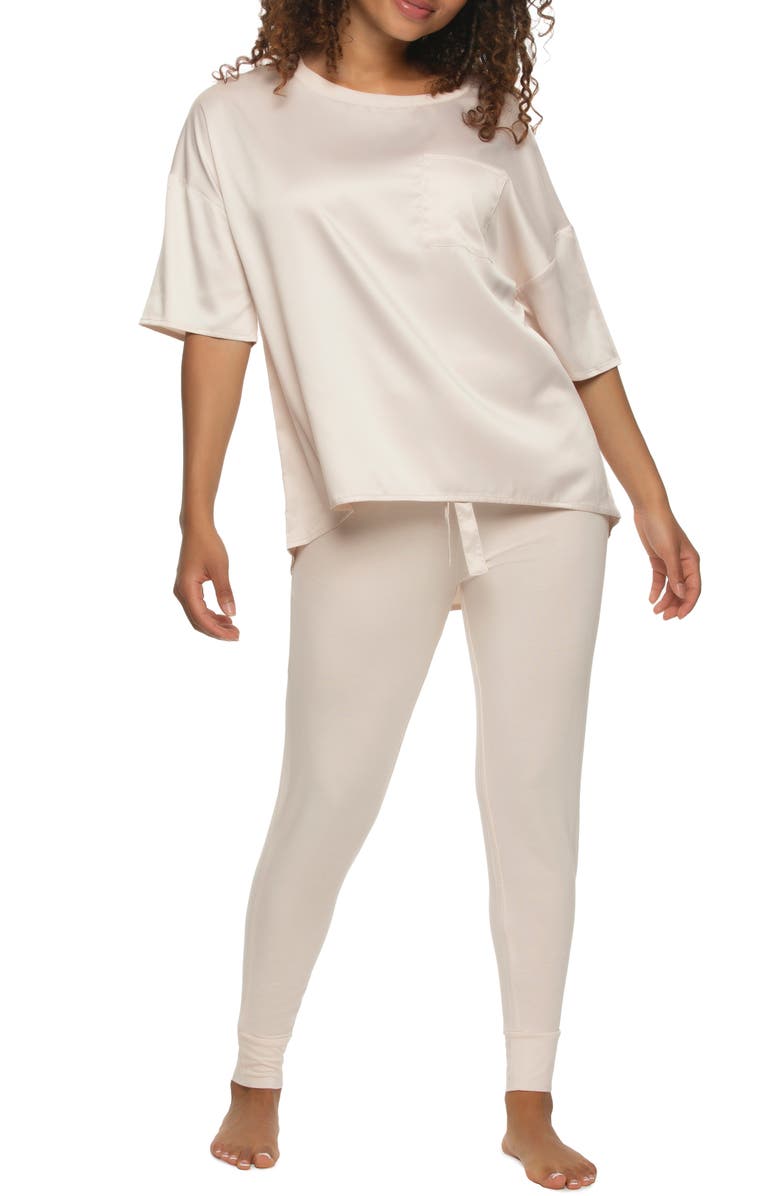 Felina Elysees Satin & Jersey Pajamas, Main, color, Champagne