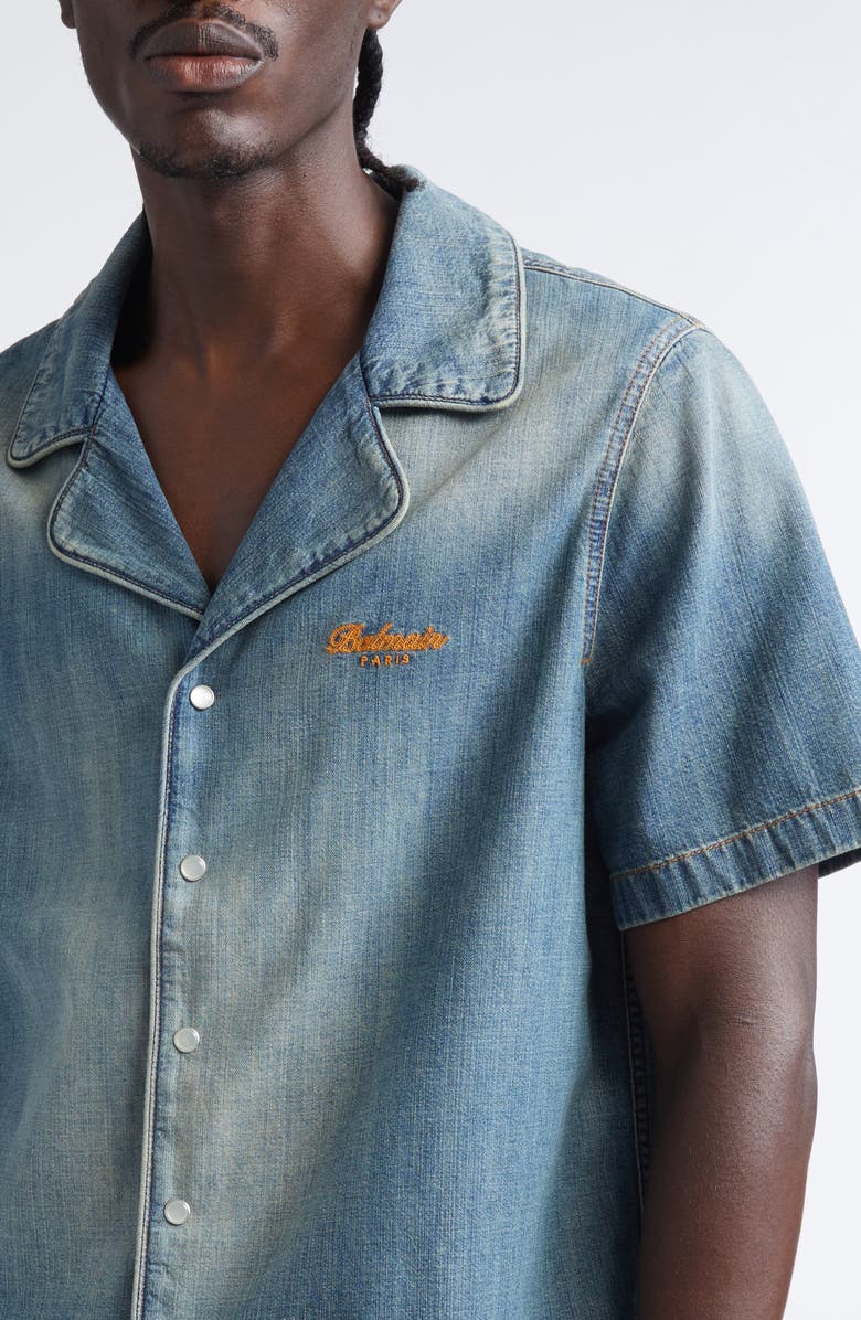 Balmain Short Sleeve Light Denim Pajama Shirt, Alternate, color, 6Ew Blue
