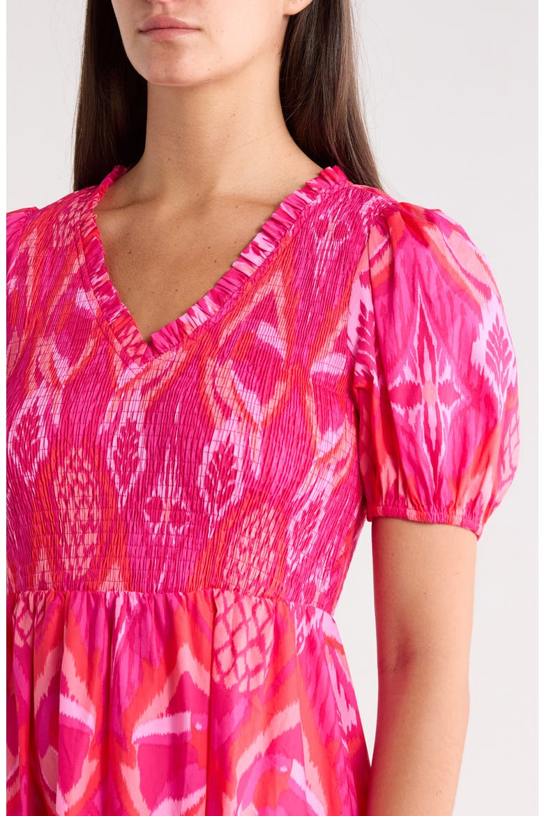 Prissa Ikat Brenty Smocked Midi Dress, Alternate, color, MAGENTA-CORAL