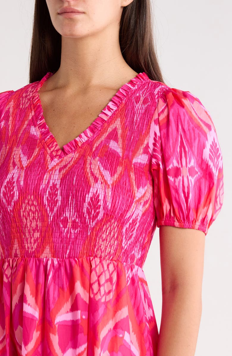 SUGARLIPS Prissa Ikat Brenty Smocked Midi Dress, Alternate, color, Magenta-Coral