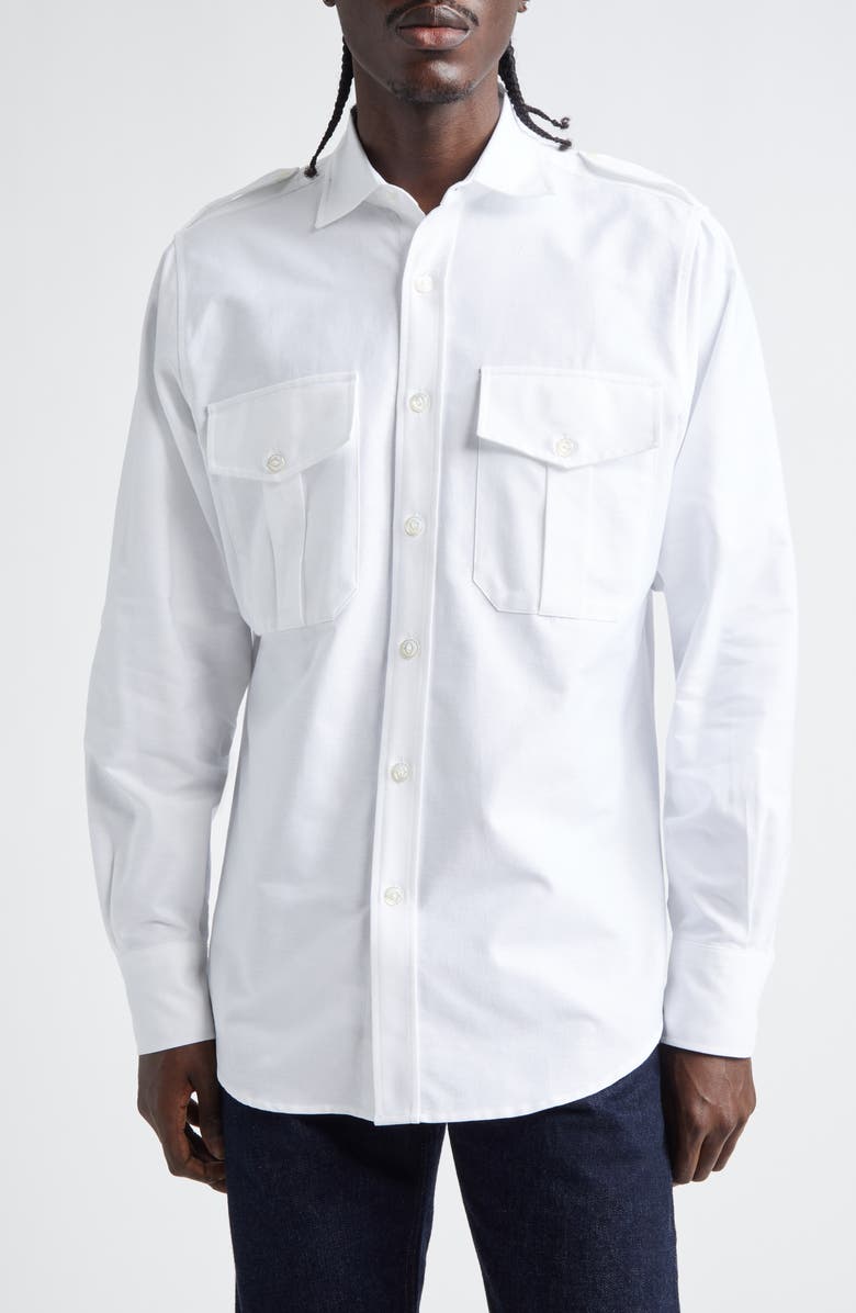 Drake's Epaulet Cotton Oxford Button-Up Shirt, Main, color, White