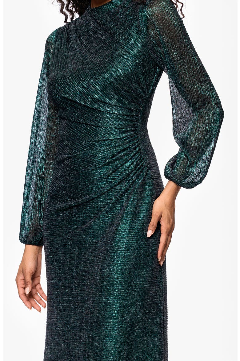 Metallic Crinkle Long Sleeve Sheath Gown, Alternate, color, BLACK/ EMERALD
