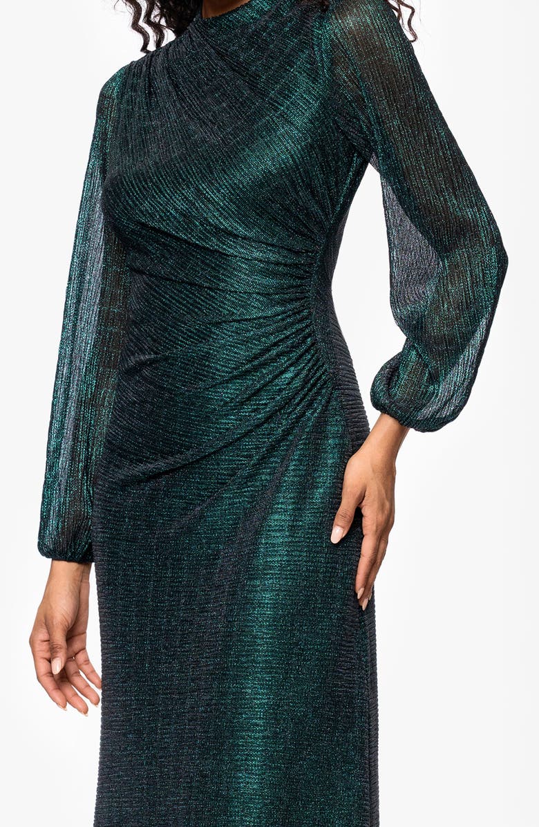 Betsy & Adam Metallic Crinkle Long Sleeve Sheath Gown, Alternate, color, Black/ Emerald