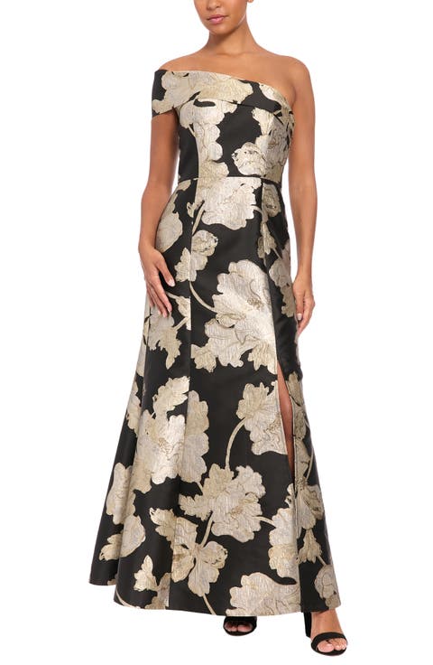 Floral Metallic Off-the-Shoulder Gown