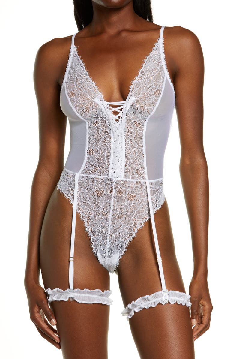 Mapale Strappy Lace Teddy with Garter Straps, Main, color,
