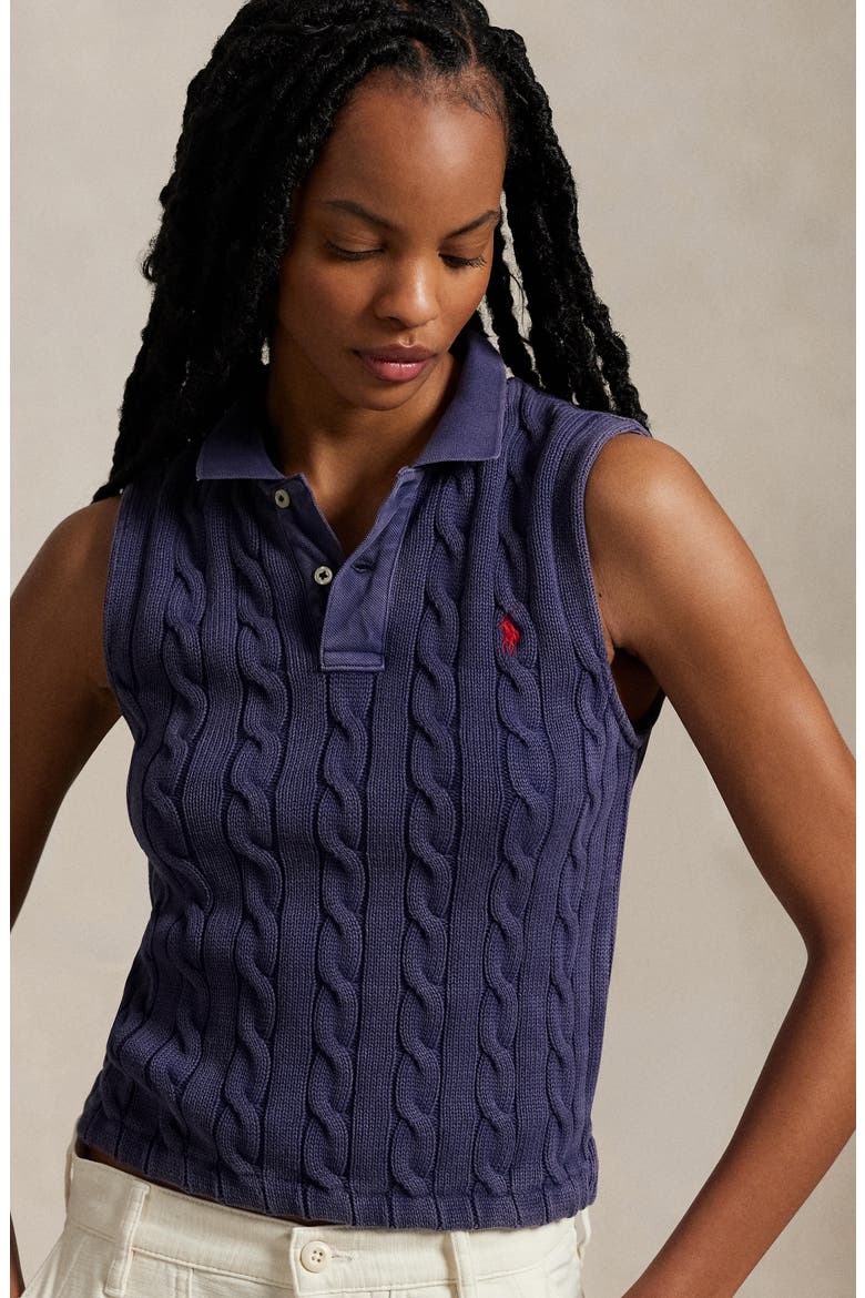 Cable Sleeveless Cotton Polo Sweater, Alternate, color, NEWPORT NAVY