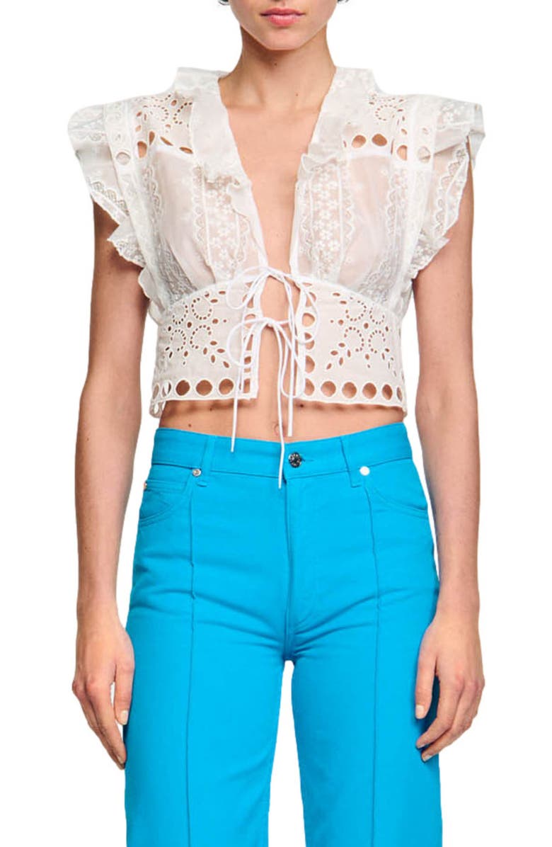 SANDRO Sahar Lace & Eyelet Basque Tie Front Crop Top, Main, color,