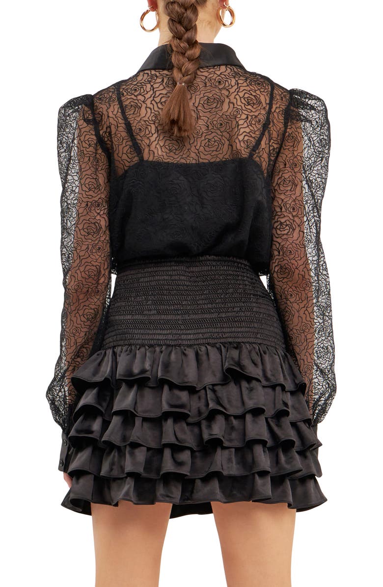 Endless Rose Embroidered Mesh Sheer Button Front Long Sleeve Blouse, Alternate, color,