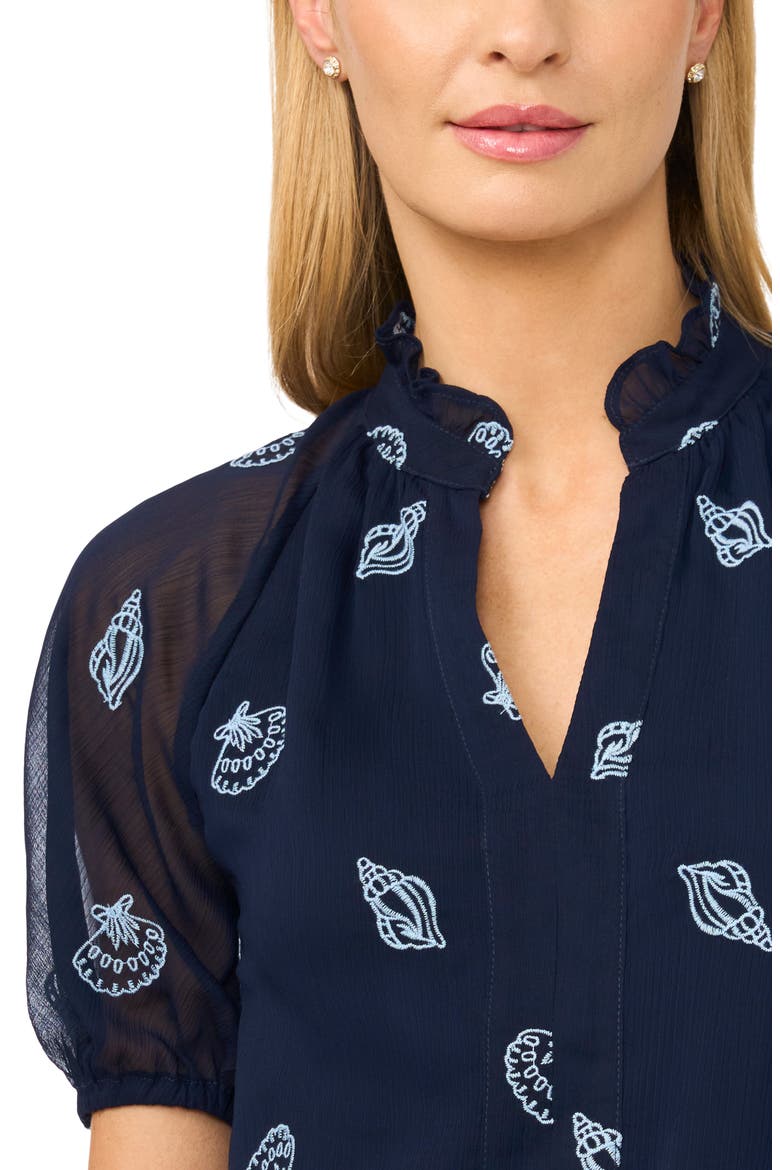 Embroidered Ruffle Puff Sleeve Top, Alternate, color, CLASSIC NAVY