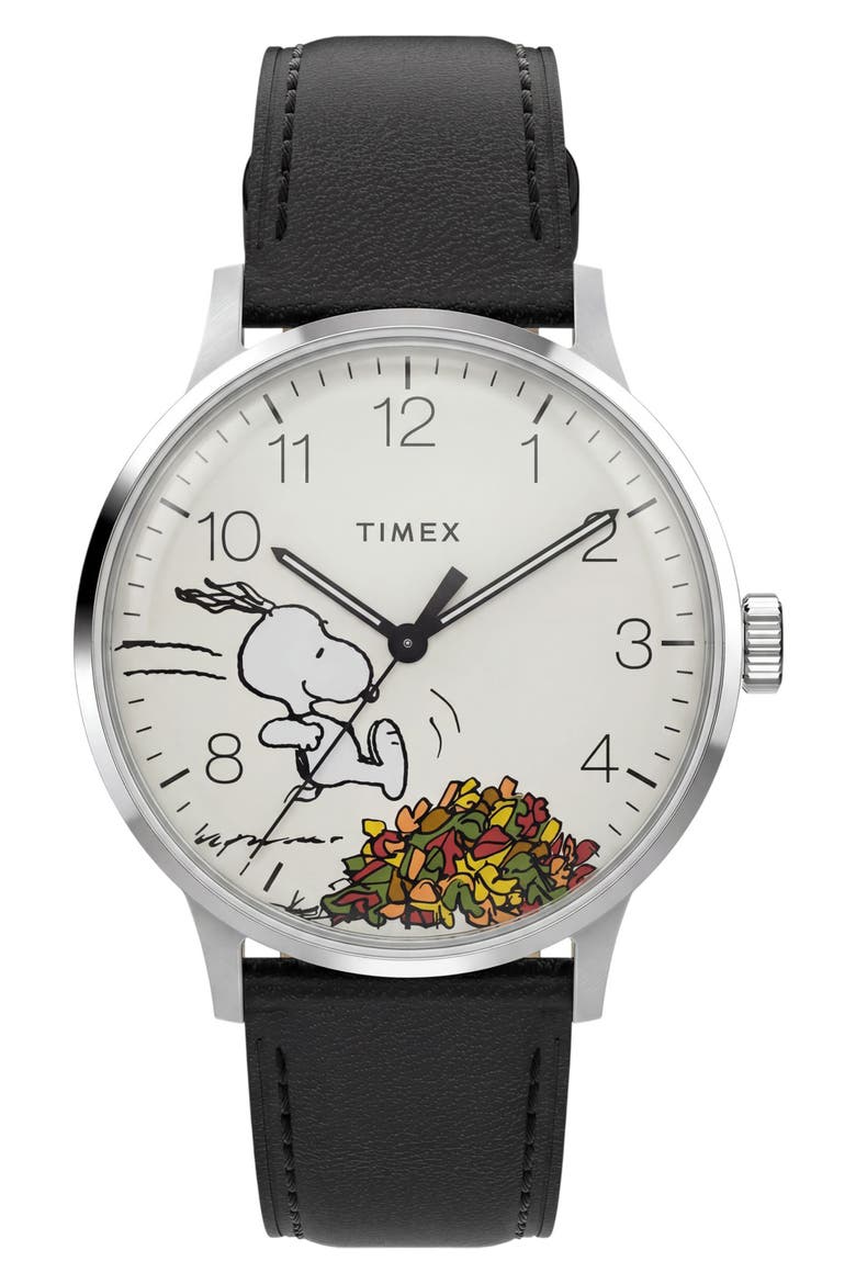 Peanuts Waterbury Classic Leather Strap Watch, 40mm, Main, color, BLACK