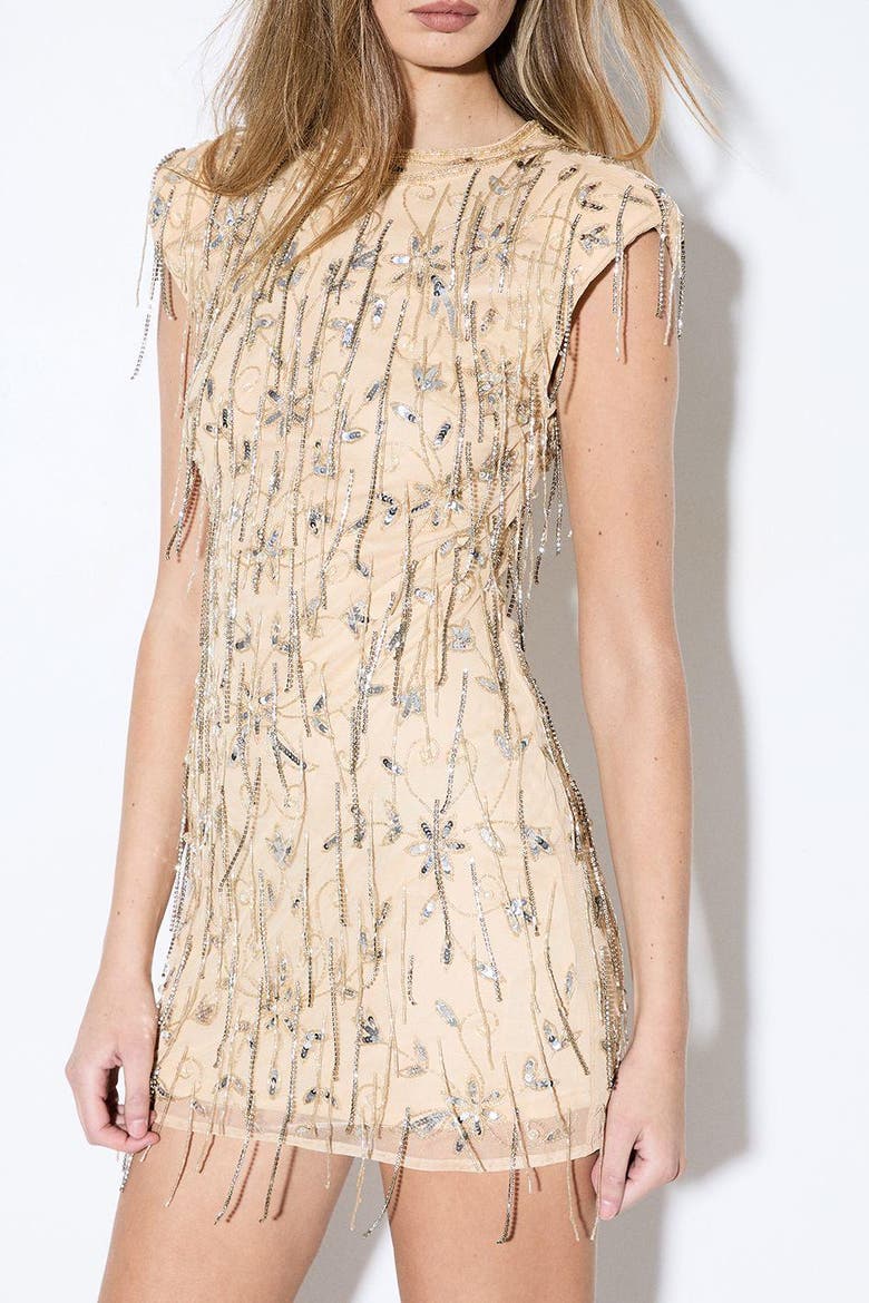 Premium Embellished Beaded Mini Dress, Alternate, color, Nude