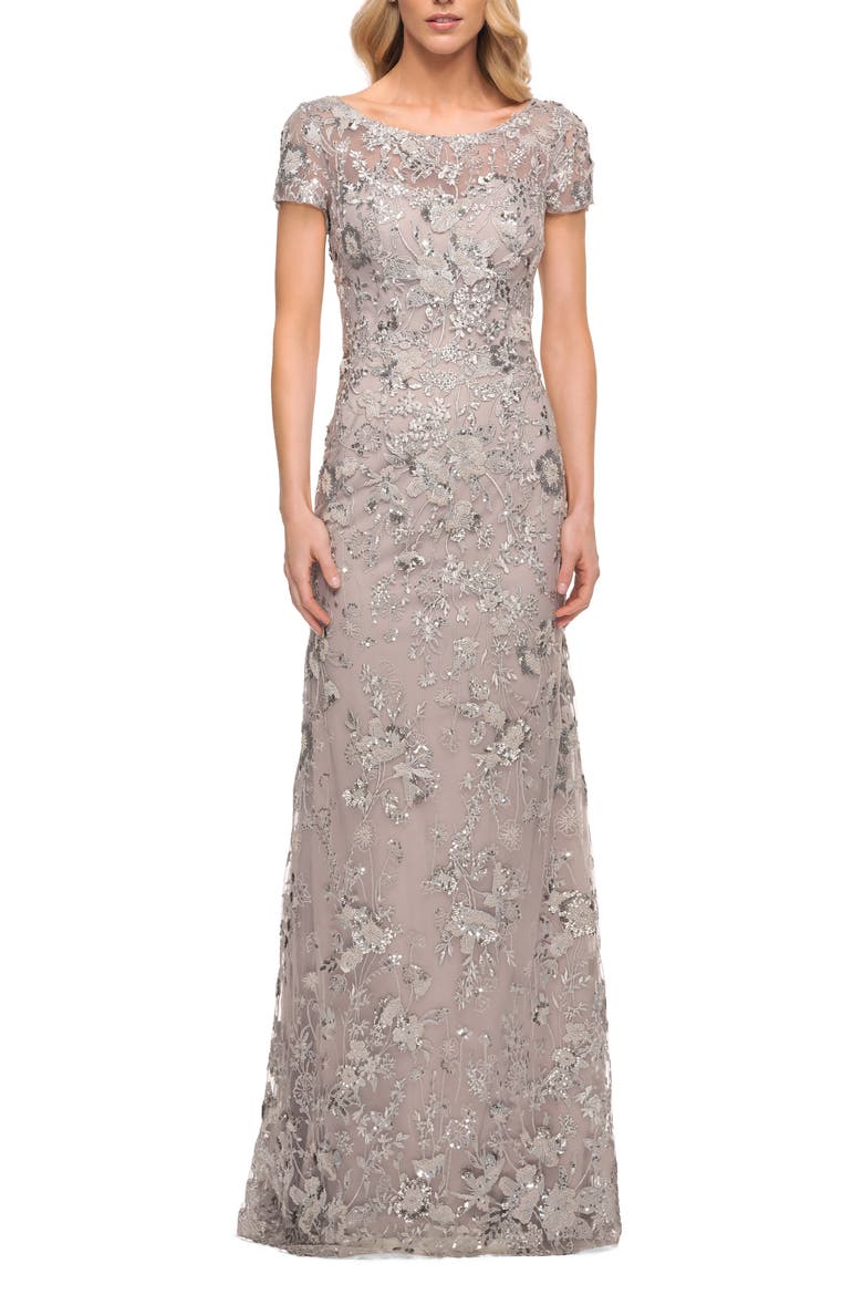 Lace Column Gown, Main, color, LAVENDER/ GRAY