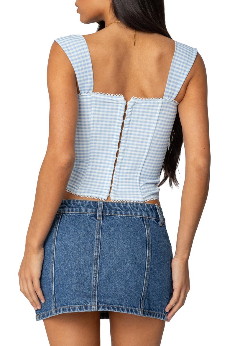 Marcella Gingham Mesh Corset Top, Alternate, color, LIGHT-BLUE