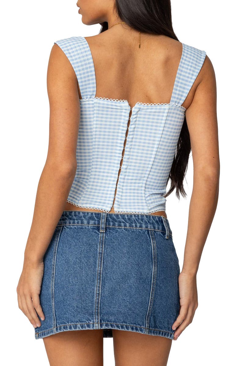 EDIKTED Marcella Gingham Mesh Corset Top, Alternate, color, Light-Blue