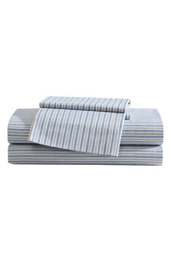 Eddie Bauer Ticking Stripe 200 Thread Count Cotton Percale Sheet Set In Navy Blue/green