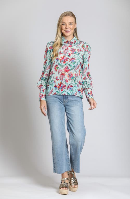 Apny Puff Sleeve Blouse With Ruched Detail In Turquoise Multi In Turquoise Multi