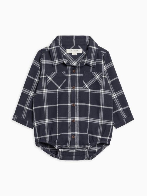 Kendi Carson Organic Flannel Long Sleeve Collared Button Down Bodysuit In Blue
