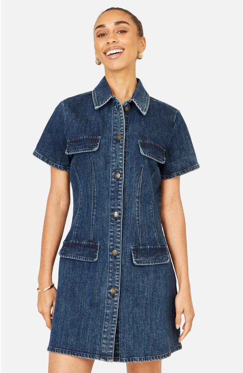Yumi Denim Stretch Shirt Dress, Main, color, Blue