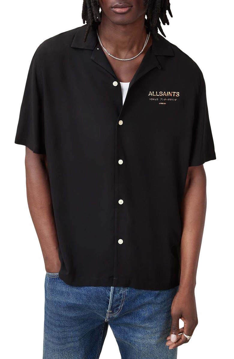 AllSaints Underground Bowa Logo Short Sleeve Button-Up Shirt, Main, color, 