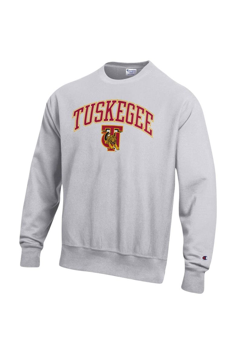 Men's Champion Heathered Gray Tuskegee Golden Tigers Arch Over Logo Reverse Weave Pullover Sweatshirt, Alternate, color, Heather Gray