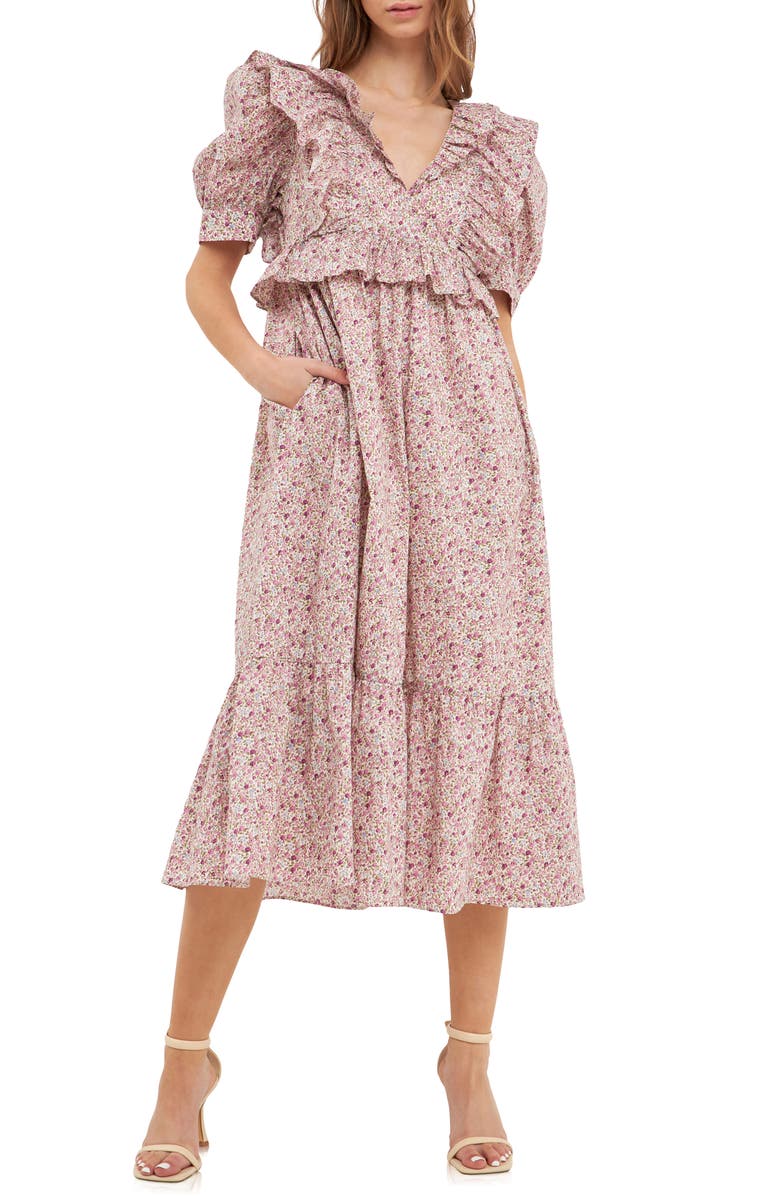 English Factory Floral Print Ruffle Trim Cotton Midi Dress, Main, color, 