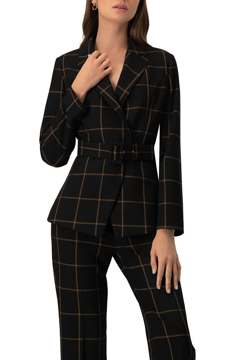 IVONNE Striped Double-Breasted Blazer with Belt, Main, color, Black