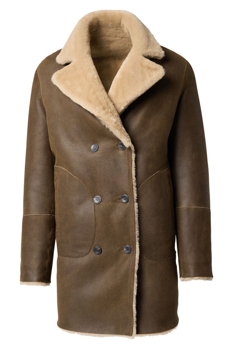 Genuine Shearling Reversible Double Breasted Coat, Main, color, BROWN