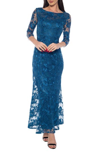 Marina Floral Embroidered Mesh Gown In Blue