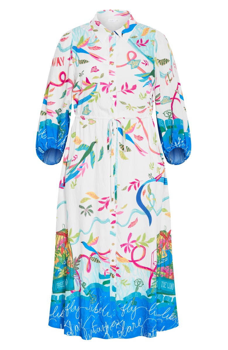 City Chic Tahlia Long Sleeve Bird Print Maxi Shirtdress, Alternate, color, Free Spirit