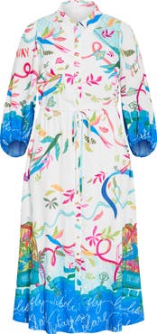 City Chic Tahlia Long Sleeve Bird Print Maxi Shirtdress