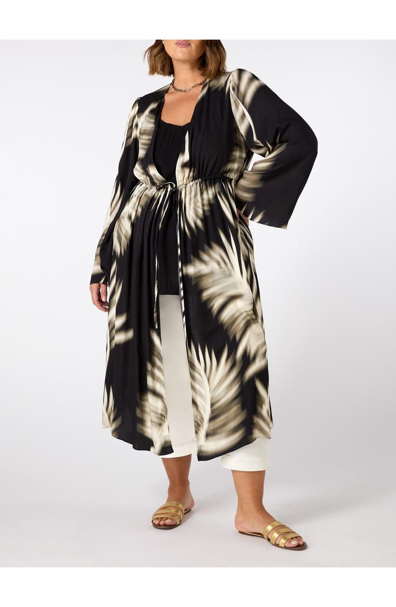 Live Unlimited Leaf Print Longline Drawstring Kimono, Alternate, color, Mono