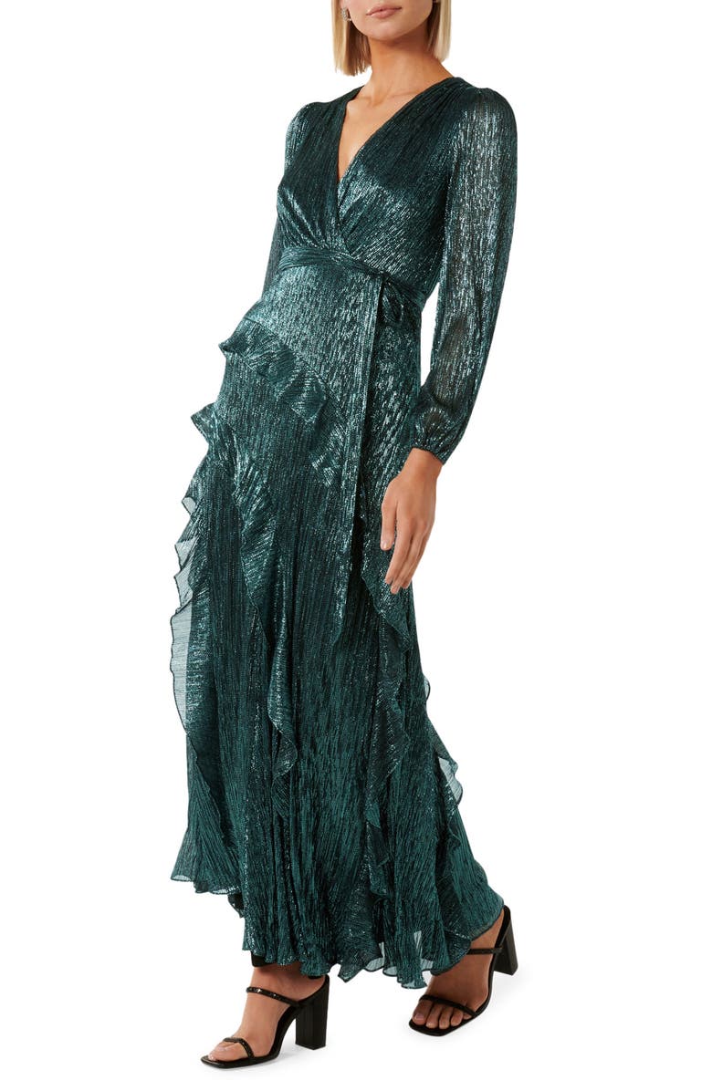 Ever New Metallic Plissé Ruffle Long Sleeve Maxi Dress, Alternate, color, 