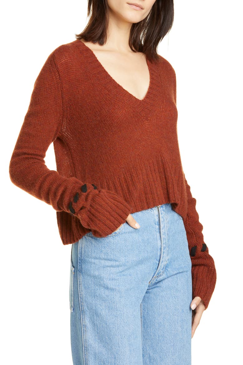 Oliver Whipstitch Cuff Cashmere Sweater, Alternate, color, MAHOGANY/ BLACK