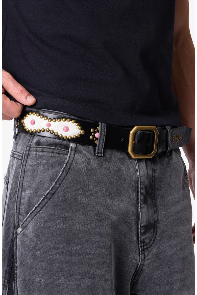 Mojave Leather Studded Belt, Alternate, color, OFF WHITE