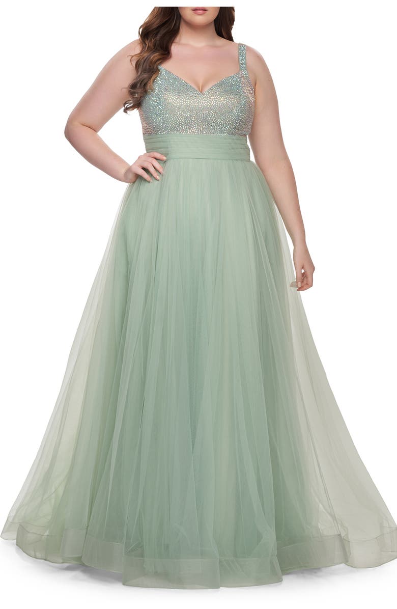 La Femme A-Line Plus Size Prom Dress with Rhinestone Bodice, Main, color, Sage