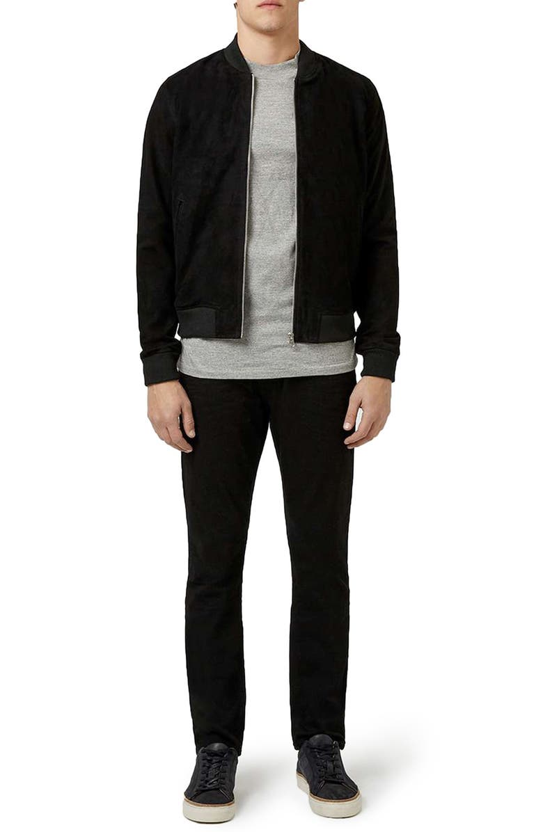 Topman Black Suede Bomber Jacket, Alternate, color, 