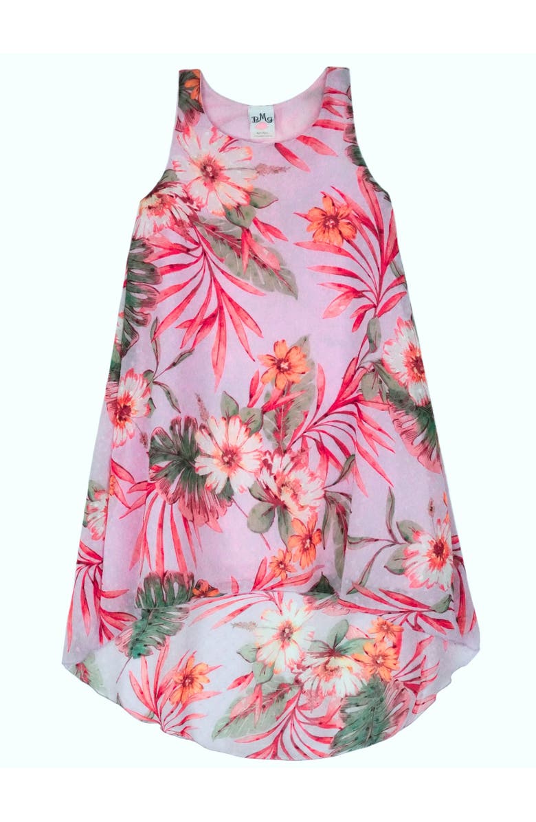Mia Belle Girls Girls Tropical Botanicals Sleeveless Hi-Lo Dress, Main, color, Pink