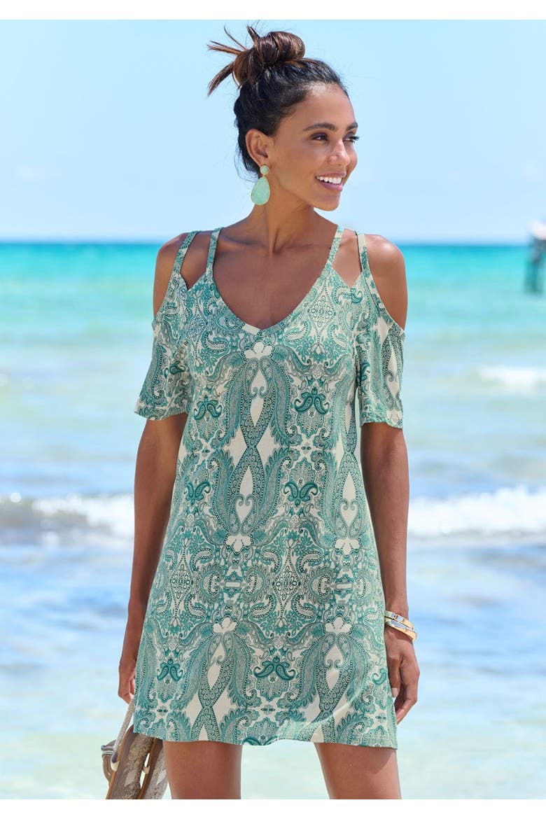 Cold Shoulder Dress, Alternate, color, Green Patterned