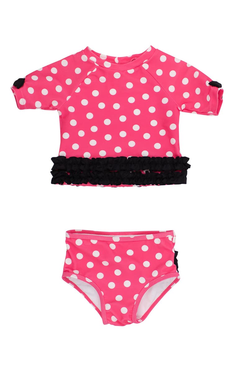 RuffleButts Classic Bow Short Sleeve UPF50 Rash Guard 2-Piece Swimsuit with Signature Rear Ruffles, Main, color, Hot Pink Polka Dot