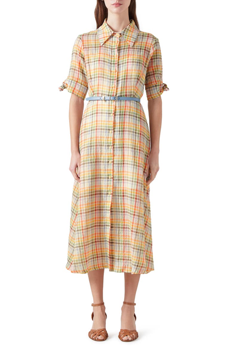 Saffron Midi Seersucker Shirtdress, Main, color, BLUE MULTI