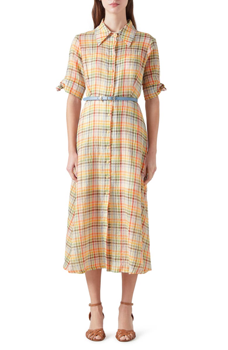 LK Bennett Saffron Midi Seersucker Shirtdress, Main, color, Blue Multi